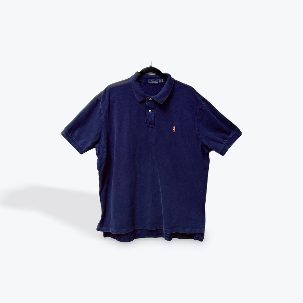 Polo Ralph Lauren Mens XXL Navy Blue Cotton Pique Short‎ Sleeve Orange Pony Polo